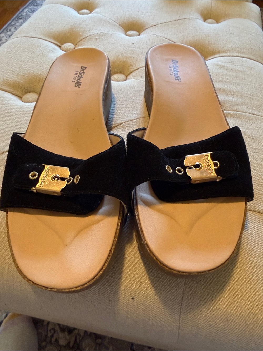 Dr. Scholl's Black Suede Slide Sandals with Gold Buckle - Brand New!!!